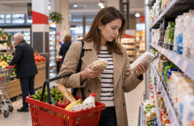 Покупатель сравнивает цены на продукты в польском супермаркете