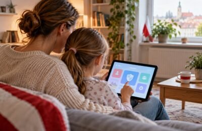 Родитель и ребёнок обсуждают безопасность в интернете за планшетом