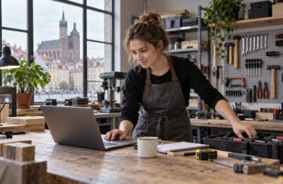 Предпринимательница работает в небольшой мастерской в Польше