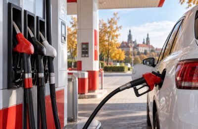 Автомобиль заправляется на польской автозаправочной станции