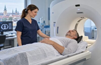 Пациент проходит компьютерную томографию в польской клинике