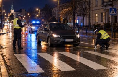 Полиция осматривает автомобиль у пешеходного перехода в польском городе