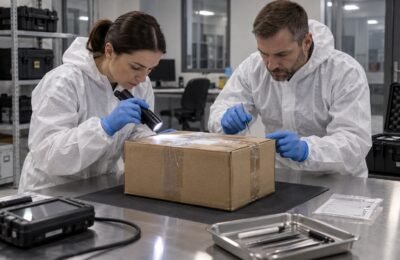 Эксперты осматривают запечатанную посылку в защитной экипировке