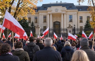 Участники акции с польскими флагами у здания Конституционного трибунала в Варшаве