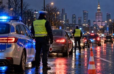 Полицейская проверка автомобилей на вечерней улице Варшавы